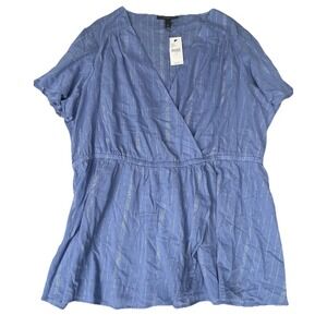 Lane Bryant Shirt Womens 20 Blue Metallic Striped Elastic Wrap Waist‎ Boho Chic